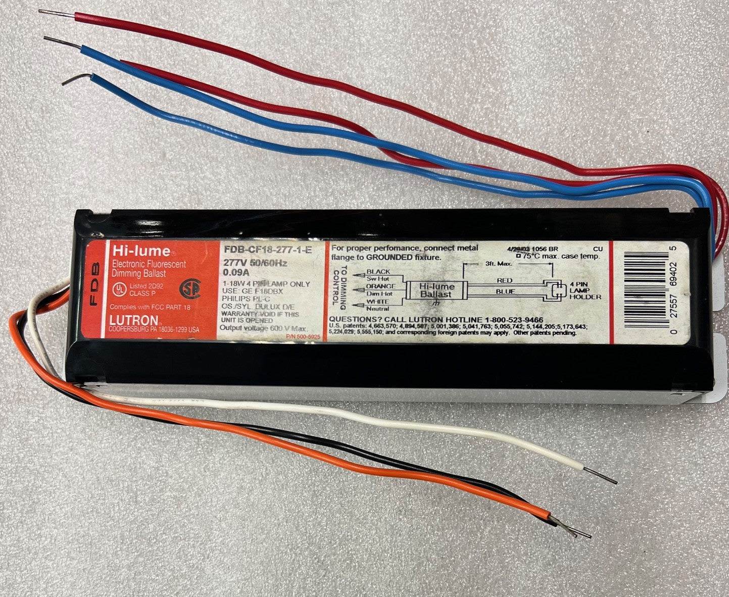 Lutron Ballast FDB-CF18-277-1-E electronic ballast for 18W CFL and LED retrofit lamps with EMI filtering and durable casing