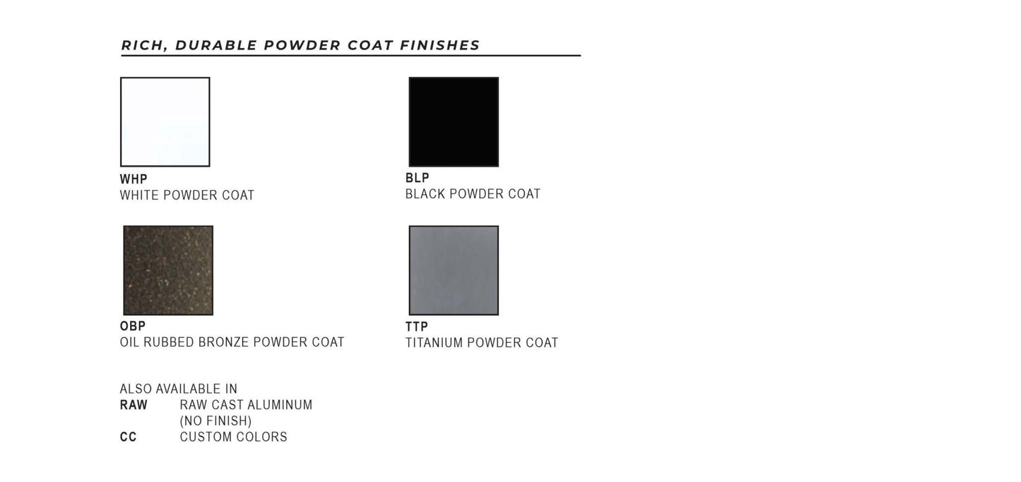 Color swatches of adjustable halogen Varial™ wing shaped wall sconce finishes including white, black, oil rubbed bronze, titanium, raw aluminum, and custom colors.