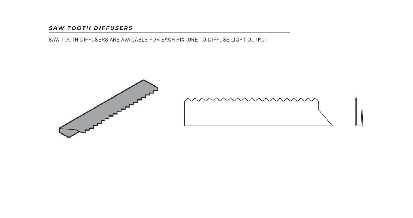 Diagram of a Saw Tooth Diffuser with side and cross-sectional views for halogen and LED wall sconces light diffusion