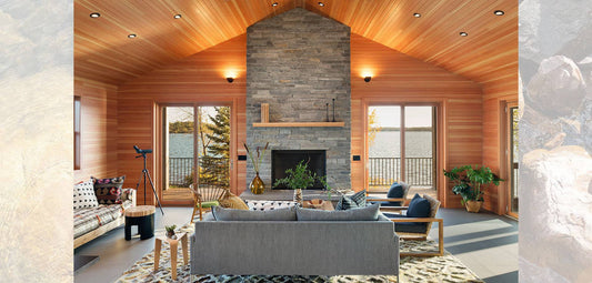 Matte black LED Wedge Wall Sconces WS6215 on cedar paneled walls in modern Lake Huron lake house living room